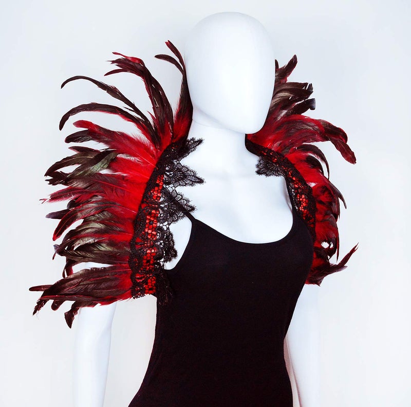 L'VOW Black Crow Feather Cape Shawl Stand Up Collar Halloween Devil Wings Witch Costume (Red) - Image 5